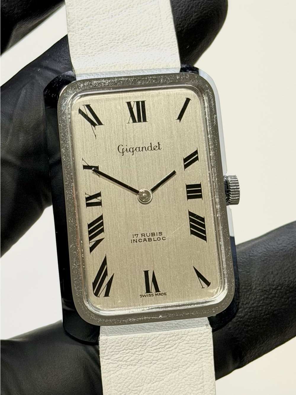 Gigandet 1112-001 Mechanical Tank 1970’s Ivory Dial Silver SS 30mm Vintage Watch